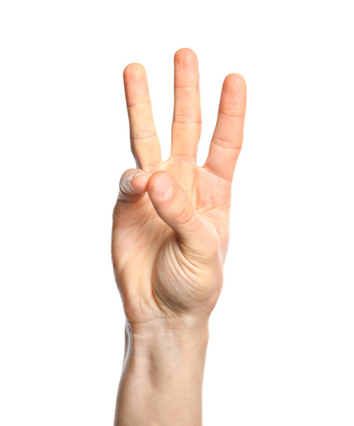 Man showing number six on white background, closeup. Sign language - Φωτογραφία, εικόνα