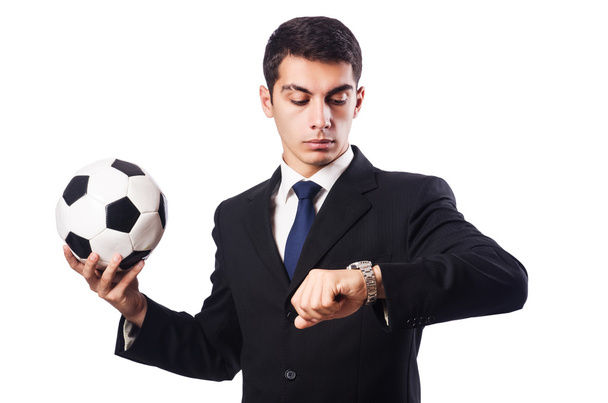 Молодой бизнесмен с футболом на белом
 - Фото, изображение