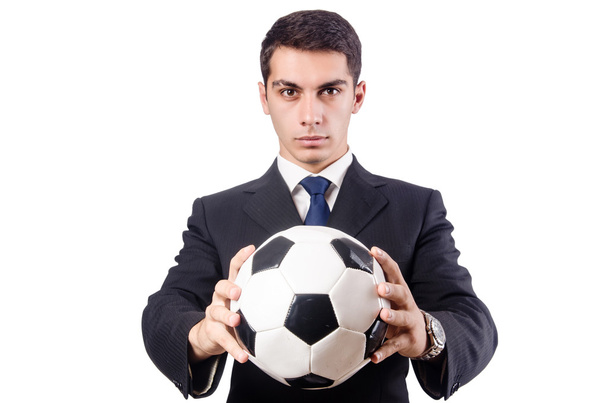 Young businessman with football on white - Fotoğraf, Görsel