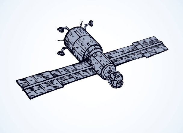 Potencia planeta propulsión vuelo espacial radio onda gps robot modelo aislado sobre fondo blanco. Boceto de símbolo dibujado a mano de tinta en estilo garabato de arte pluma sobre papel con espacio para texto en el cielo
 - Vector, imagen