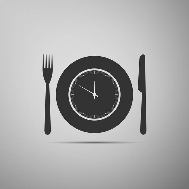 Platte mit Uhr, Gabel und Messer-Symbol isoliert auf grauem Hintergrund. Mittagszeit. Ernährung, Essenszeit und Ernährungskonzept. flache Bauweise. Vektorillustration - Vektor, Bild