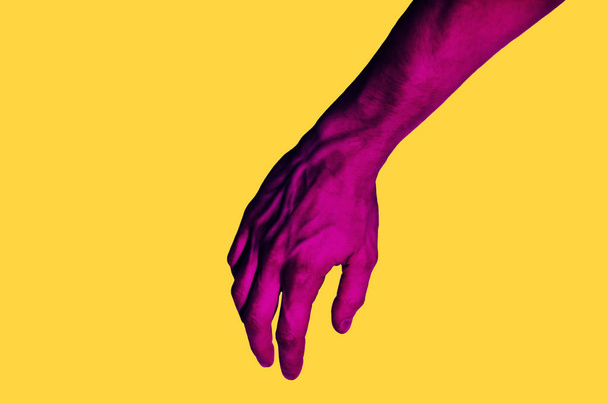 黄色の背景に分離の手の写真。ピンク手コラージュ スタイル。テキストのためのスペースを持つ明るいポップ アート テンプレート。創造的なミニマルな背景. - 写真・画像
