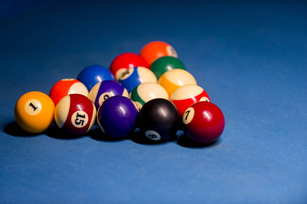 Billiard balls on pool blue table - sport background - Foto, Imagem
