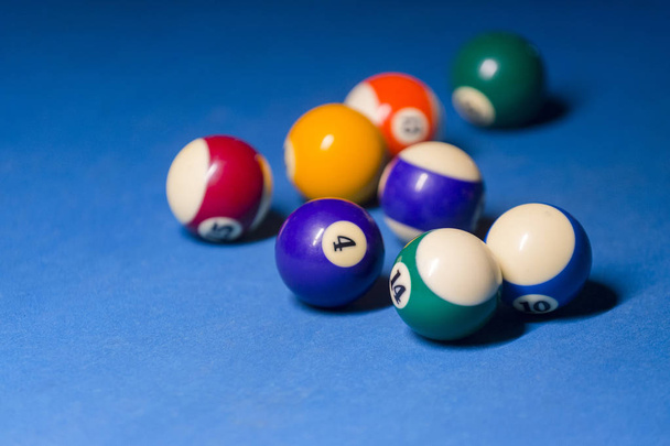 Billiard balls on pool blue table - sport background - Foto, Imagem