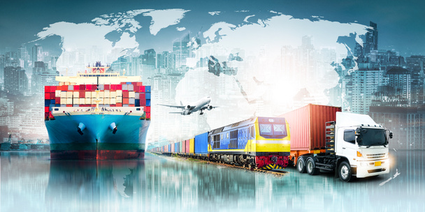 Globalna logistyka biznesowa importu tła eksportu i kontenerowych frachtowców - Zdjęcie, obraz
