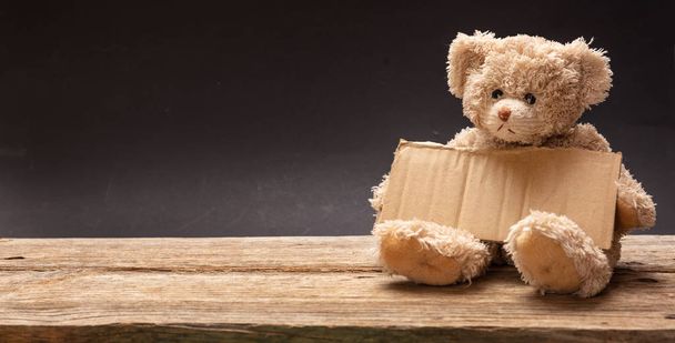 armes obdachloses Kind bettelt. Teddybär traurig, hält ein leeres Pappschild in der Hand, sitzt auf schwarzem Hintergrund, Banner, Kopierraum - Foto, Bild