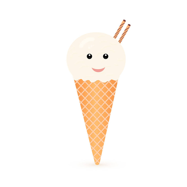 Cute cartoon ice cream. Cone ball of vanilla icecream with eyes and lips. Summer dessert concept. Funny vector illustration. Easy to edit template for your design projects. - ベクター画像