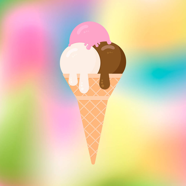 Ice cream on a blurred colorful background. Cartoon icecream cone  in flat style. Concept of desserts. Summer vector illustration. Italian Gelato. Easy to edit design template. - Wektor, obraz