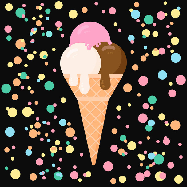 Ice cream on a black background with colorful confetti. Cartoon icecream cone  in flat style. Concept of desserts. Summer vector illustration. Italian Gelato. Easy to edit design template. - Wektor, obraz