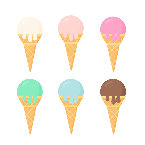 Set of colorful ice creams in waffle cones. Six different flavors. Summer desserts vector illustration in flat style. Delicious sweets for kids. Easy to edit elements of design. - Wektor, obraz