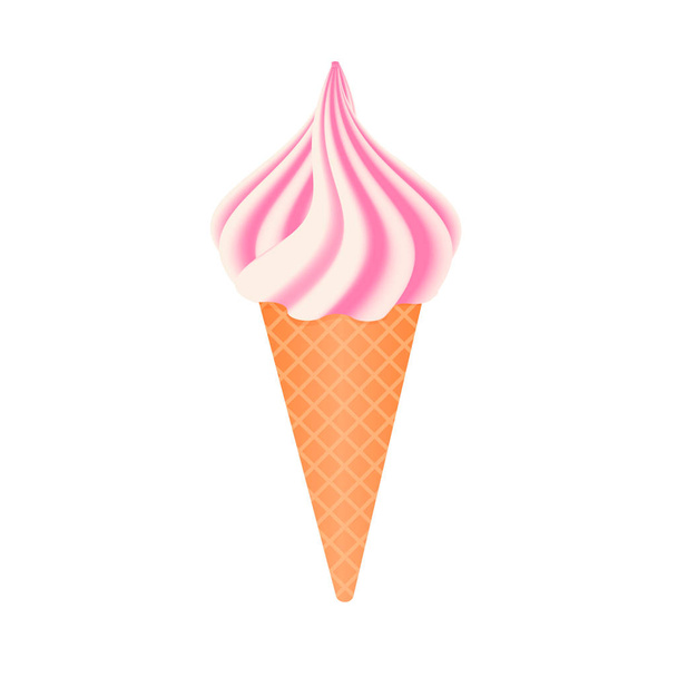Realistic waffle cone with white and pink soft ice cream isolated. Vanilla and strawberry flavor of desserts. Concept of summer party and vacations. Easy to edit design template. - Wektor, obraz