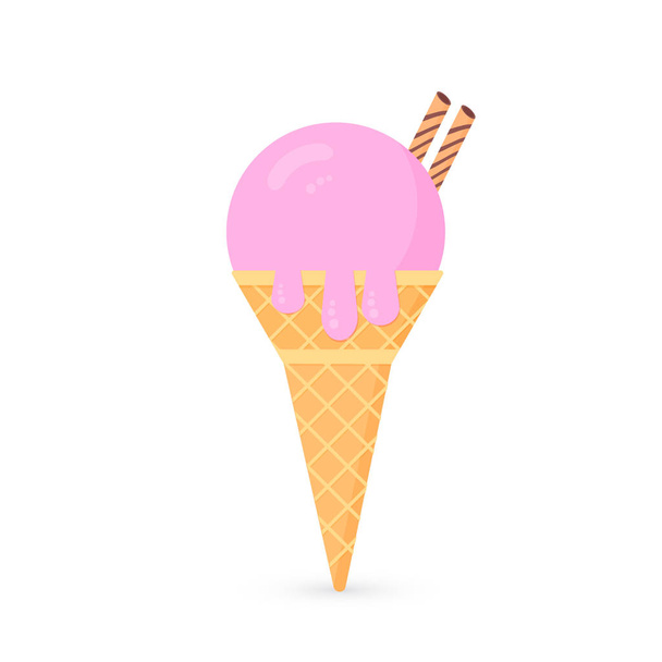 Strawberry flavor ice cream icon isolated on white background. Waffle cone with  icecream ball. Flat cartoon vector illustration. Concept of summer sweets and desserts. Easy to edit design template. - Vettoriali, immagini