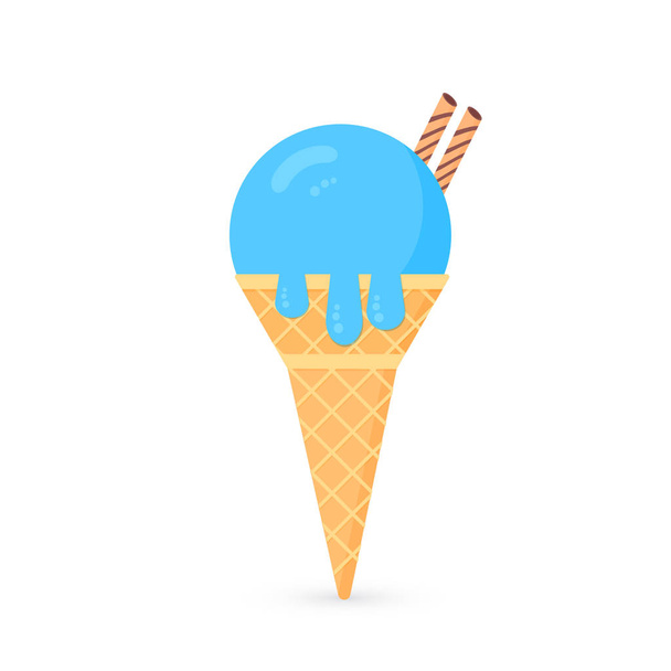 Blue ice cream icon isolated on white background. Waffle cone with  icecream ball. Flat cartoon vector illustration. Concept of summer sweets and desserts. Easy to edit design template. - Vettoriali, immagini