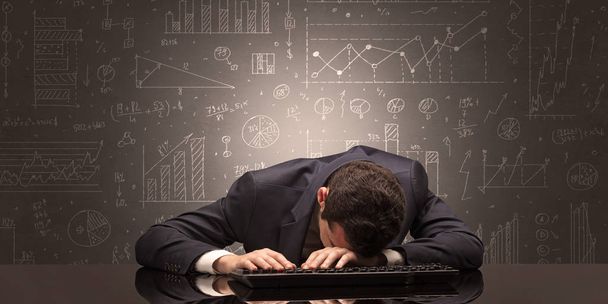 Teacher fell asleep at his workplace with full draw blackboard concept - 写真・画像