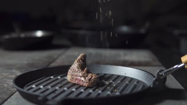 meat that is fried in a pan sprinkled with spices - Footage, Video