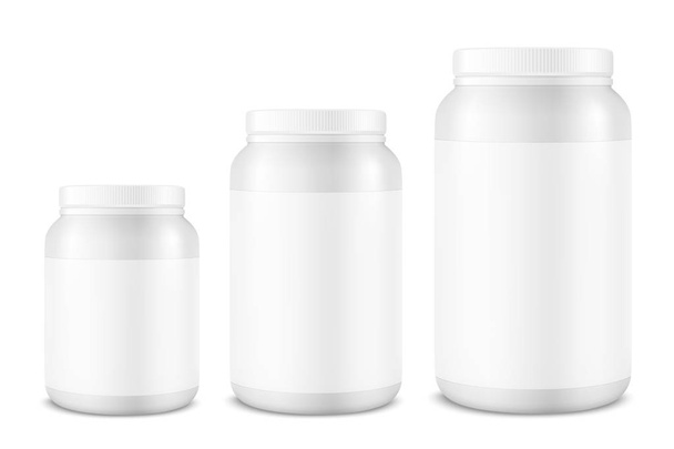 Vector Realistic 3d White Plastic Jar, Can with Lid Set Closeup Isolated on White Background. Design Template of Whey Protein, Sport Powder, Vitamins, BCAA, Pills, Caps for Mockup. Front View - Vettoriali, immagini