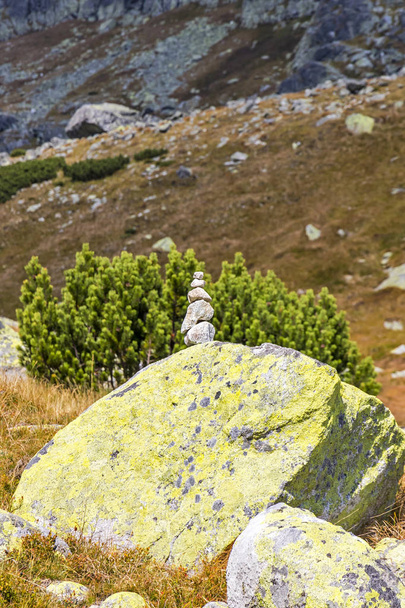 Randonnées pédestres dans les Hautes Tatras (Vysoke Tatry), Slovaquie. Équilibrage des pierres vues dans la vallée de Mlynicka sur le chemin de la cascade de Skok (1789m
) - Photo, image