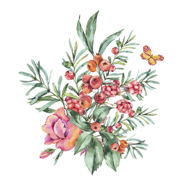 Aquarell Vintage Bouquet mit Beeren, Wildblumen, Brombeeren und Schmetterlingen. Einladungskarte. natürliche florale Illustration isoliert auf weißem Hintergrund, Sommerblumen - Foto, Bild