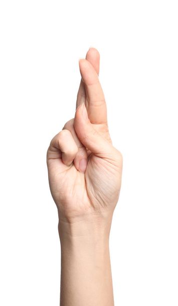 Woman showing R letter on white background, closeup. Sign language - Zdjęcie, obraz