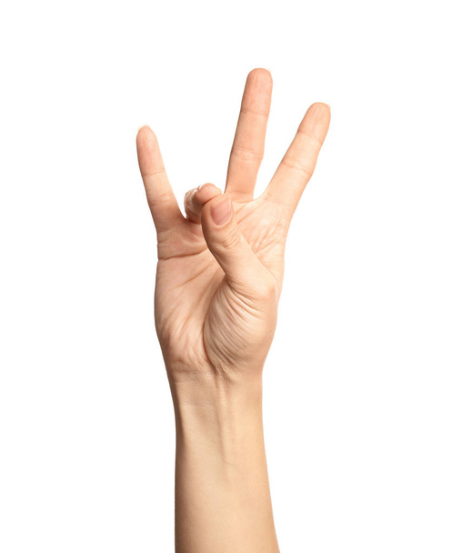 Woman showing number seven on white background, closeup. Sign language - Fotoğraf, Görsel