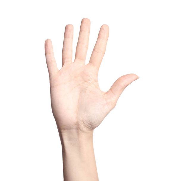 Woman showing number five on white background, closeup. Sign language - Foto, Bild
