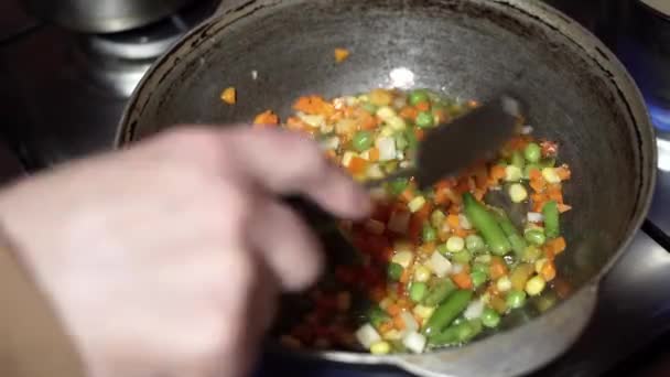 Hand fries the vegetable mixture in a deep pan. Cooking healthy dinner at home. - Footage, Video