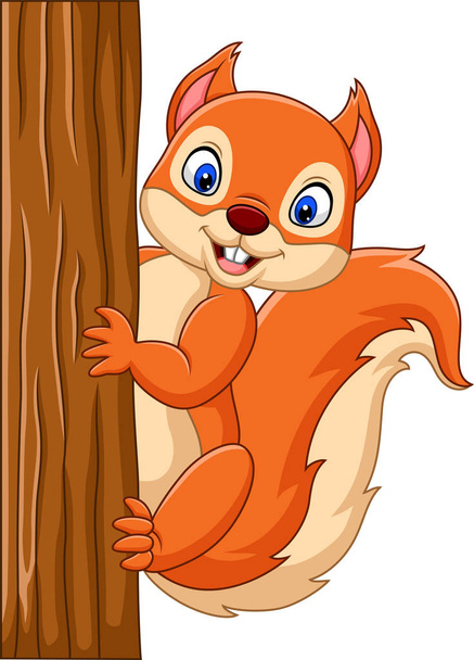 Vector illustration of Cartoon cute squirrel climbing on a tree - Vektor, Bild
