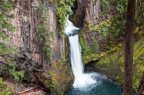 North Umpqua rzeki przepływające ponad trzech warstwach kolumnowy bazalt rockto tworzenie Toketee Falls w stanie Oregon. - Zdjęcie, obraz