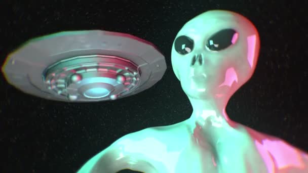 Инопланетянин с НЛО, со звездами позади
 - Кадры, видео