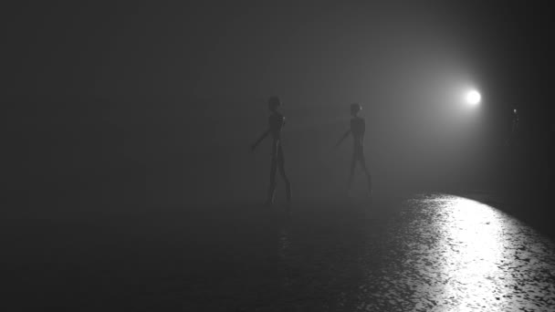 alienígenas assustadores andando no nevoeiro
 - Filmagem, Vídeo