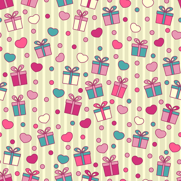 Seamless pattern with the image of gift boxes and hearts. - ベクター画像