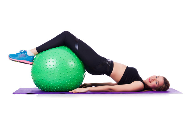 Woman doing exercises with ball on white - Photo, Image
