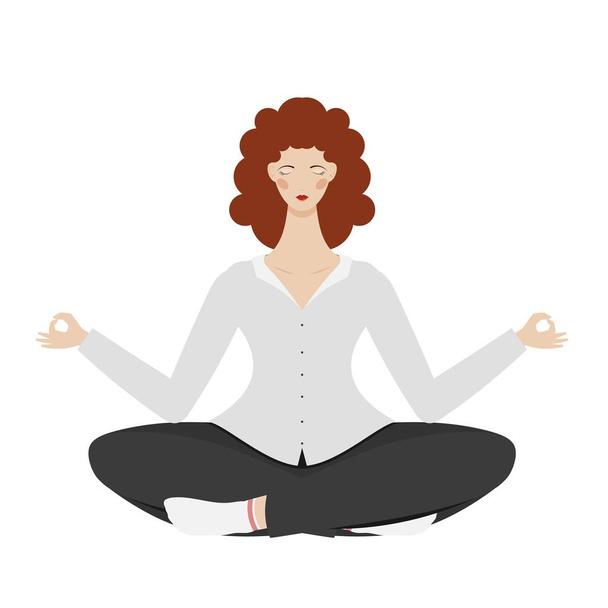 Yoga businesswoman in lotus pose on white background. Resting businessman, relaxation while working in the office. Vector illustration of yoga isolated - Vector, Image