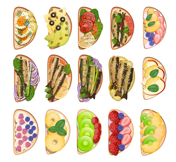 Set de bocadillos tostados sándwiches sobre fondo blanco objeto aislado Colección de alimentos para almuerzo bocadillos con aguacate, salmón espadín caviar piña kiwi fresa frambuesa Vector illustration
 - Vector, imagen