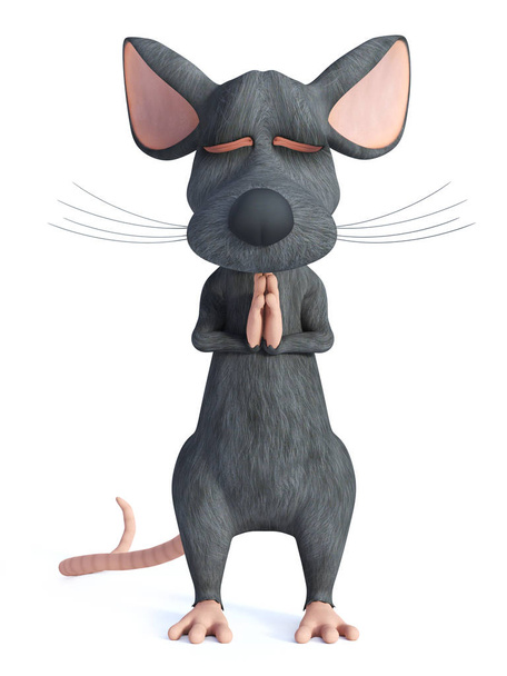 3D-рендеринг мультяшной мыши, стоящей, занимаясь йогой намасте, Анджали Мудра, или медитирующей с закрытыми глазами. Белый фон
. - Фото, изображение