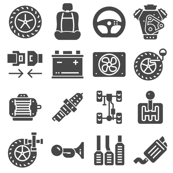 Ikony automobilových dílů nastaveny na bílém pozadí. Vektorová ilustrace - Vektor, obrázek