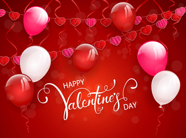 Text Happy Valentine's Day on red background with flying balloons and pennants in the form of hearts, illustration. - Vector, afbeelding