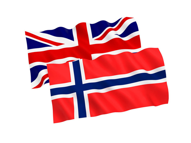 National fabric flags of Norway and Great Britain isolated on white background. 3d rendering illustration. 1 to 2 proportion. - Photo, Image