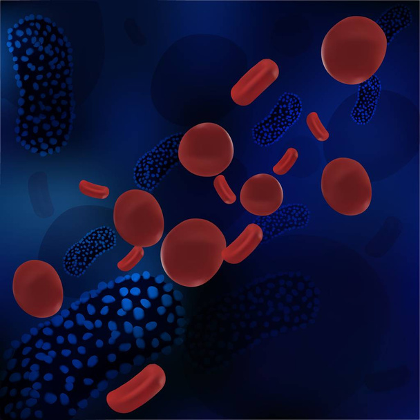 Rote Blutkörperchen mit einem Virus unter dem Mikroskop. Bakterien-Virus, mikrobielle Zellen. Vektorgrafiken. Virus gelangt ins Blut. - Vektor, Bild