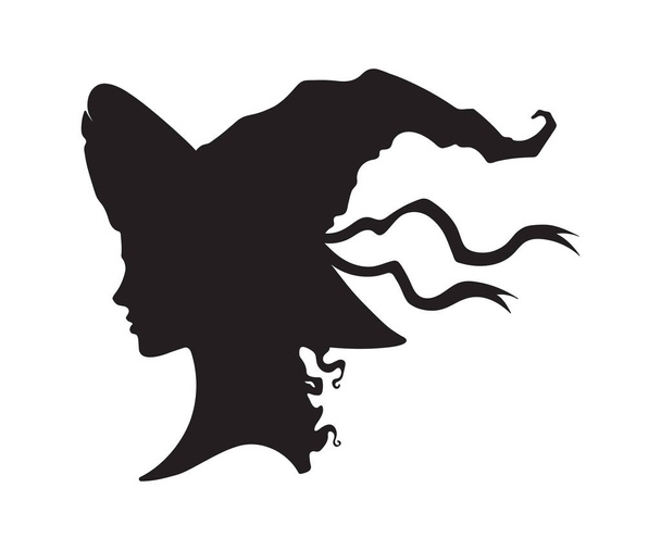 Σιλουέτα του όμορφη μάγισσα σγουρά κορίτσι σε μυτερό καπέλο σε προφίλ απομονωμένη χέρι διανυσματικά εικονογράφηση - Διάνυσμα, εικόνα