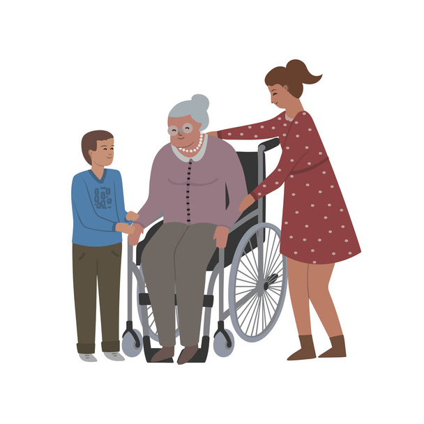 Бабуся сидить на інвалідному візку, а її онуки піклуються про неї. Ізольовані на білому тлі. Векторні ілюстрації
 - Вектор, зображення