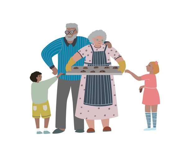 Grandfather and grandmother is holding tray with self-baked cookies and give them to their grandchildren. Isolated on white background. Vector illustration - Vector, Image