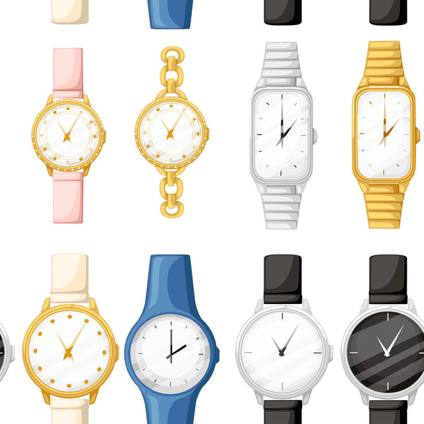 nahtloses Muster. Set von Armbanduhren in verschiedenen Stilen und Farben. Uhrenkollektion für Männer und Frauen. flache Vektorabbildung auf weißem Hintergrund. - Vektor, Bild