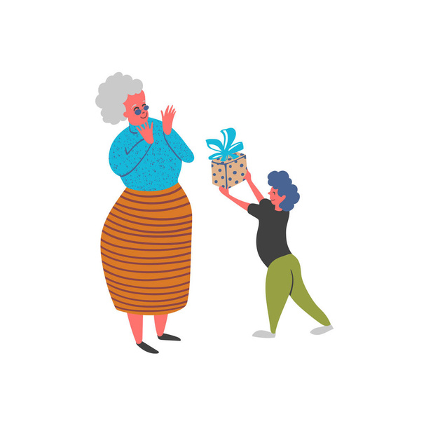 Онук дає подарунок для своєї бабусі. Забавних персонажів мультфільму. Ізольовані на білому тлі. Векторні ілюстрації - Вектор, зображення