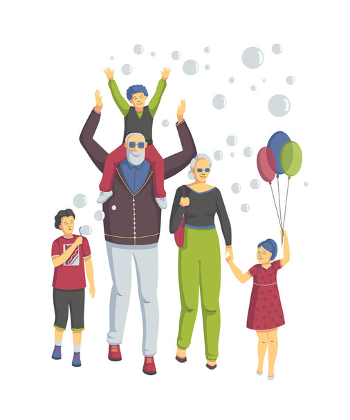 Os avós com netos divertem-se juntos. Eles têm balões coloridos, rindo e soprando bolhas. Isolado em fundo branco. Feliz dia dos avós. Ilustração vetorial
 - Vetor, Imagem