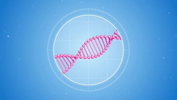 Molecola di DNA rosa rotante. Situato al centro. Vista futuristica nel microscopio. Animazione resa 3D. Sfondo digitale blu. Concetto di genetica. Concetto di medicina o scienza. Filmati 4K
 - Filmati, video