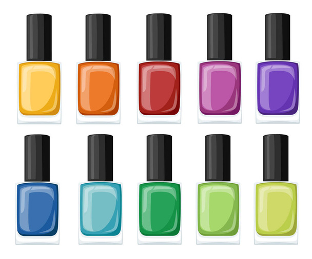 Nail polish assortment of beautiful bright colors. Collection for manicure. Flat vector illustration isolated on white background. - Vector, Image