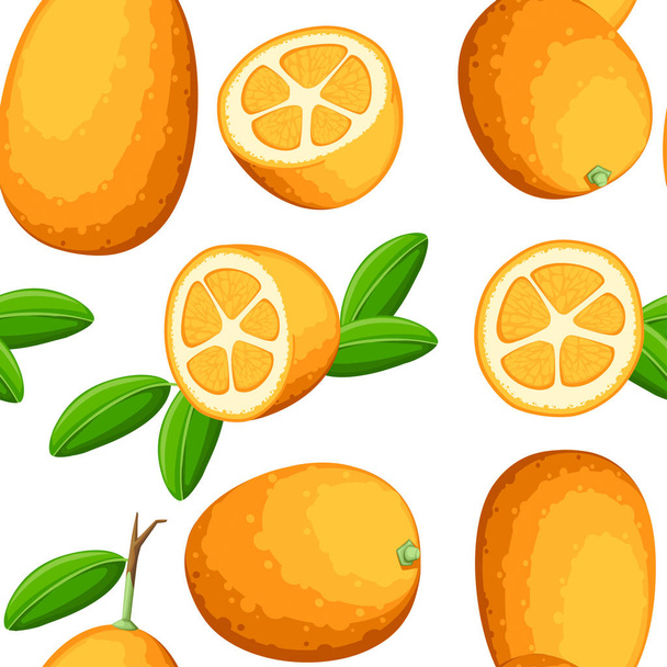 Patrón sin costuras. Kumquat de frutas exóticas con hojas verdes. Estilo de dibujos animados de fruta fresca. Ilustración vectorial plana sobre fondo blanco. Kumquat de jugo de naranja entero y cortado
. - Vector, Imagen