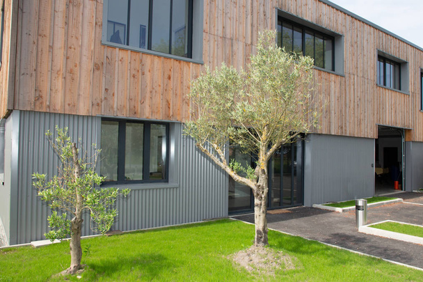 new build modern wood office building with warehouse - 写真・画像