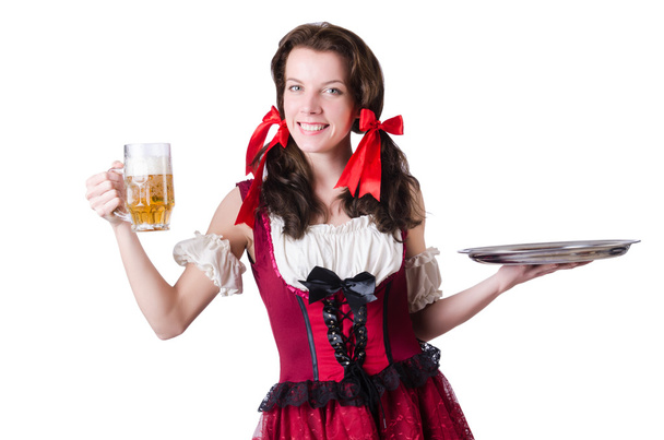 Bavarian girl with tray on white - 写真・画像